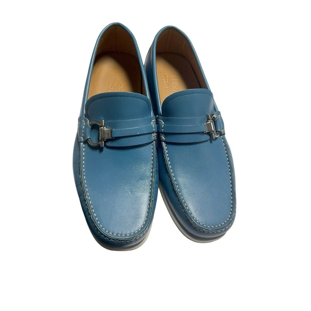 Salvatore Ferragamo Blue Leather Gancini Driver Loafers Men's‎ Italy Luxury